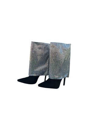 Black Suede Pointed Stiletto Boots with Crystal Bling-Bling Encrusted Shaft